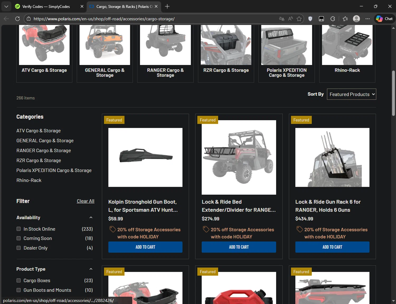 Polaris promo code screenshot showing code HOLIDAY applied at Polaris checkout page. Uploaded by SimplyCodes community member CoinRanger3407 on Dec 9, 2025