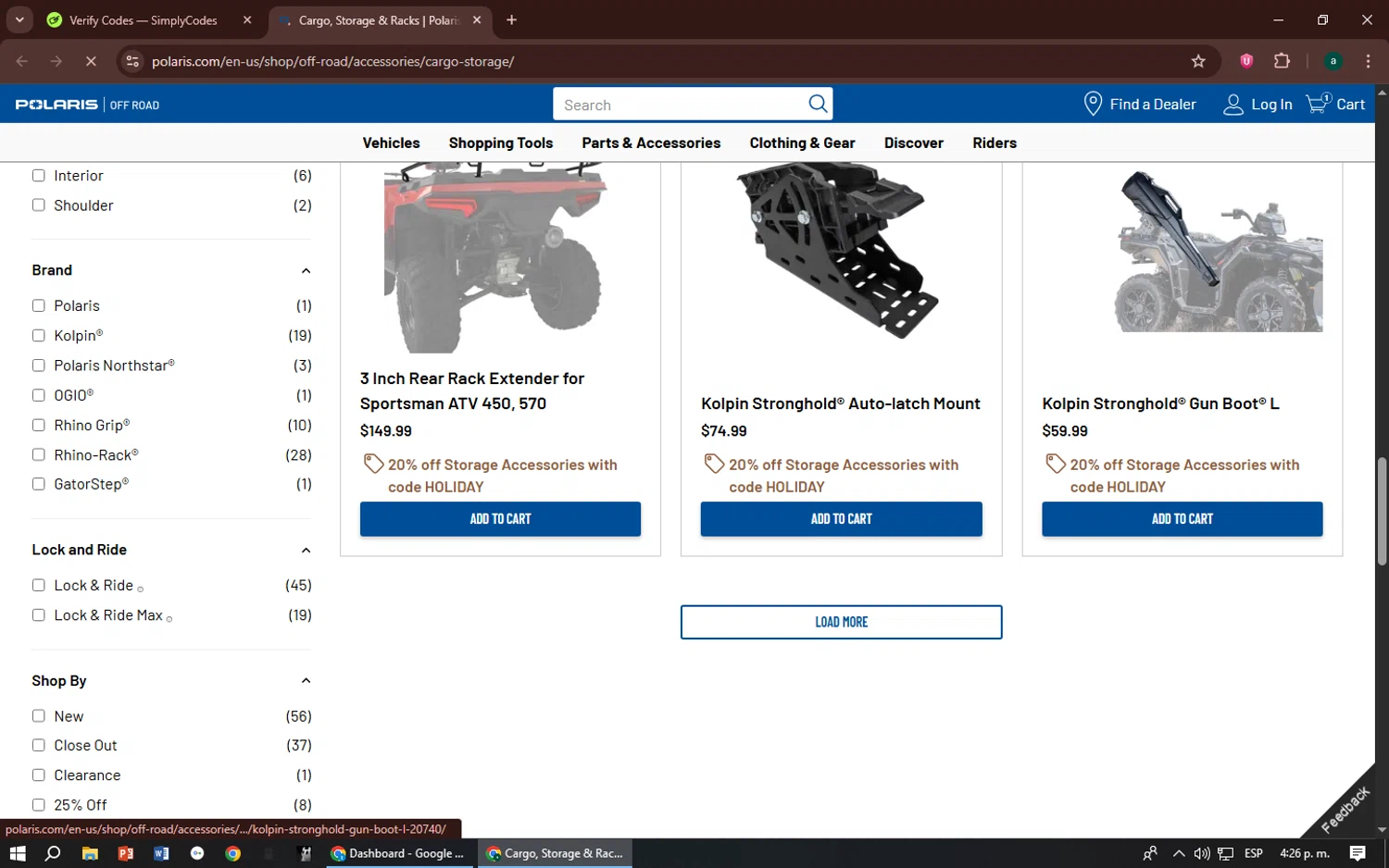 Polaris promo code screenshot showing code HOLIDAY applied at Polaris checkout page. Uploaded by SimplyCodes community member zizu55 on Nov 24, 2025