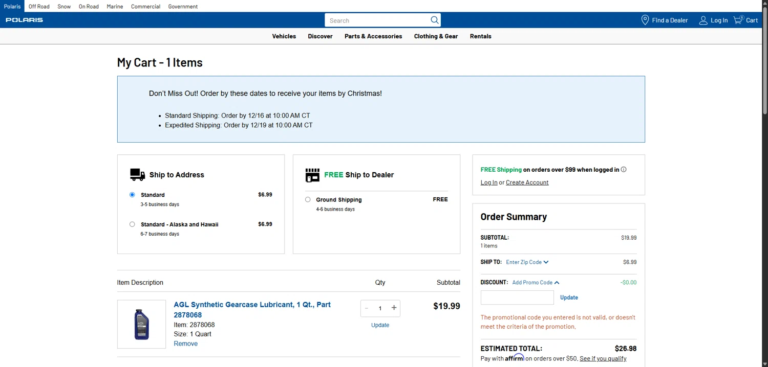 Polaris promo code screenshot showing code 15OFF applied at Polaris checkout page. Uploaded by SimplyCodes community member MagnificentEagle1411 on Dec 28, 2025