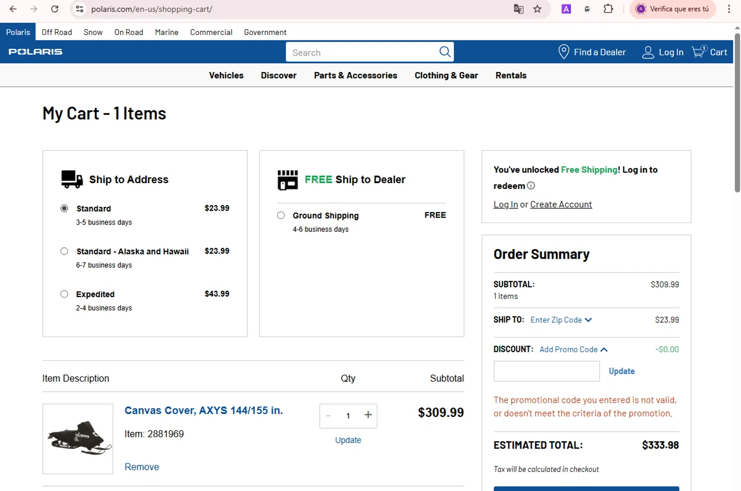 Polaris promo code screenshot showing code TAKE20 applied at Polaris checkout page. Uploaded by SimplyCodes community member BonusDefender8823 on Oct 8, 2025