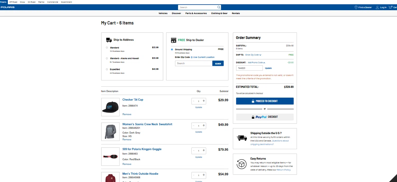Polaris promo code screenshot showing code TAKE20 applied at Polaris checkout page. Uploaded by SimplyCodes community member SwiftShopper8601 on Oct 8, 2025