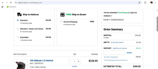 Polaris checkout page showing Polaris promo code box | Screenshot taken by SimplyCodes community member on Sep 20, 2025