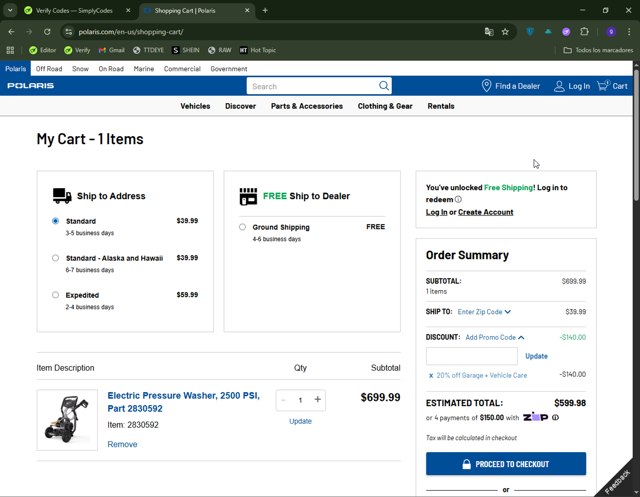 Polaris checkout page showing Polaris promo code box | Screenshot taken by SimplyCodes community member on Aug 29, 2025