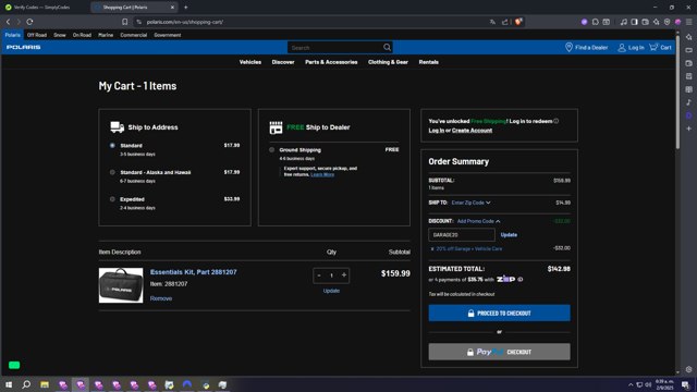 Polaris checkout page showing Polaris promo code box | Screenshot taken by SimplyCodes community member on Sep 2, 2025