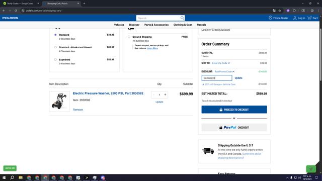 Polaris checkout page showing Polaris promo code box | Screenshot taken by SimplyCodes community member on Sep 18, 2025