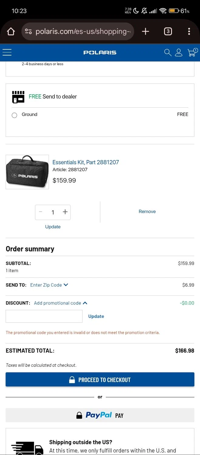Polaris promo code screenshot showing code GARAGE20 applied at Polaris checkout page. Uploaded by SimplyCodes community member Lhhfhii on Oct 5, 2025