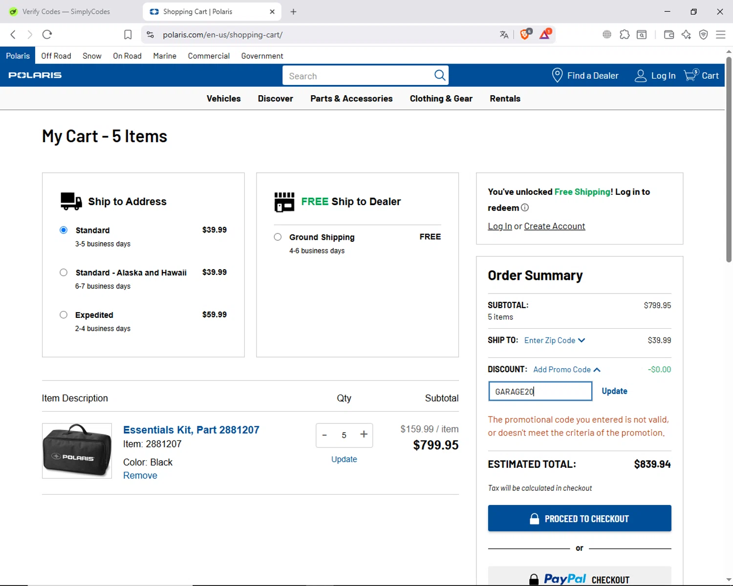 Polaris promo code screenshot showing code GARAGE20 applied at Polaris checkout page. Uploaded by SimplyCodes community member ShieldAdmiral6835 on Oct 5, 2025