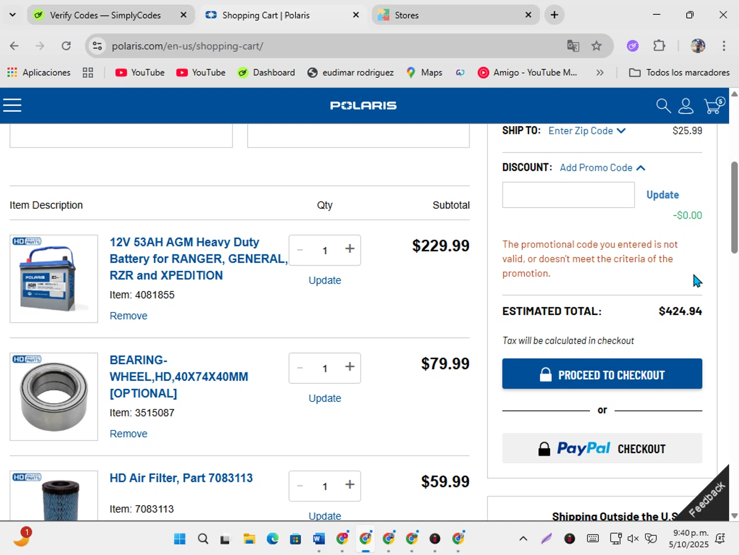Polaris promo code screenshot showing code HDPARTS20 applied at Polaris checkout page. Uploaded by SimplyCodes community member ShrewdSeeker5445 on Oct 6, 2025
