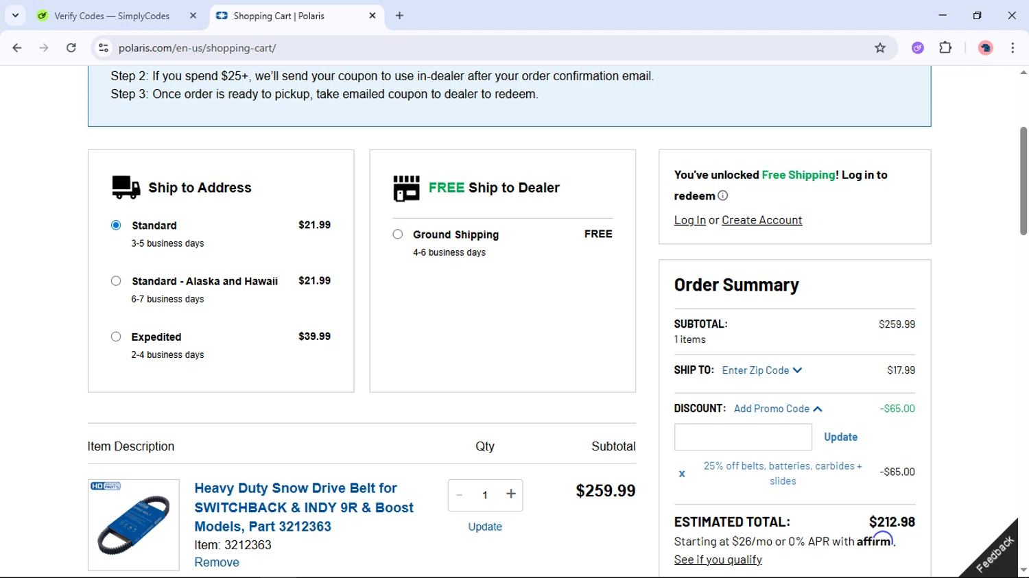 Polaris promo code screenshot showing code PARTS25 applied at Polaris checkout page. Uploaded by SimplyCodes community member Cucalina on Nov 26, 2025