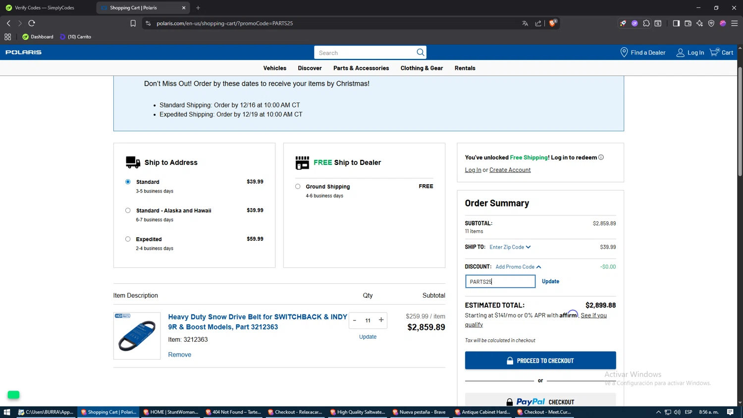 Polaris promo code screenshot showing code PARTS25 applied at Polaris checkout page. Uploaded by SimplyCodes community member NARUTO_UZUMAKIsx on Dec 7, 2025