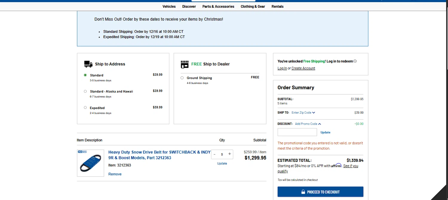 Polaris promo code screenshot showing code PARTS25 applied at Polaris checkout page. Uploaded by SimplyCodes community member larenacida on Dec 7, 2025