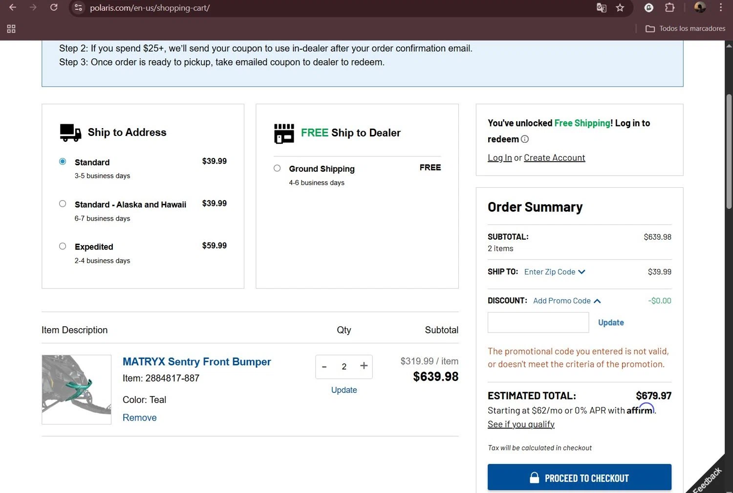Polaris promo code screenshot showing code BOGO applied at Polaris checkout page. Uploaded by SimplyCodes community member Milaya on Dec 1, 2025