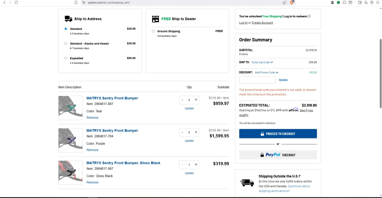 Polaris promo code screenshot showing code BOGO applied at Polaris checkout page. Uploaded by SimplyCodes community member dayselis15 on Dec 1, 2025