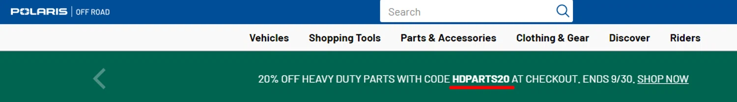 Polaris promo code screenshot showing code hdparts20 applied at Polaris checkout page. Uploaded by SimplyCodes community member RonaldAcunaJr on Feb 13, 2026