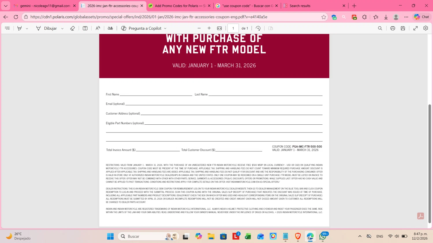 Polaris promo code screenshot showing code PGA-IMC-FTR-500-500 applied at Polaris checkout page. Uploaded by SimplyCodes community member cosita on Feb 13, 2026