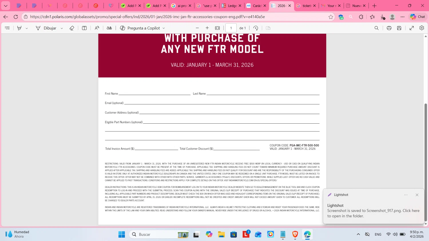 Polaris promo code screenshot showing code PGA-IMC-FTR-500-500 applied at Polaris checkout page. Uploaded by SimplyCodes community member cosita on Feb 5, 2026