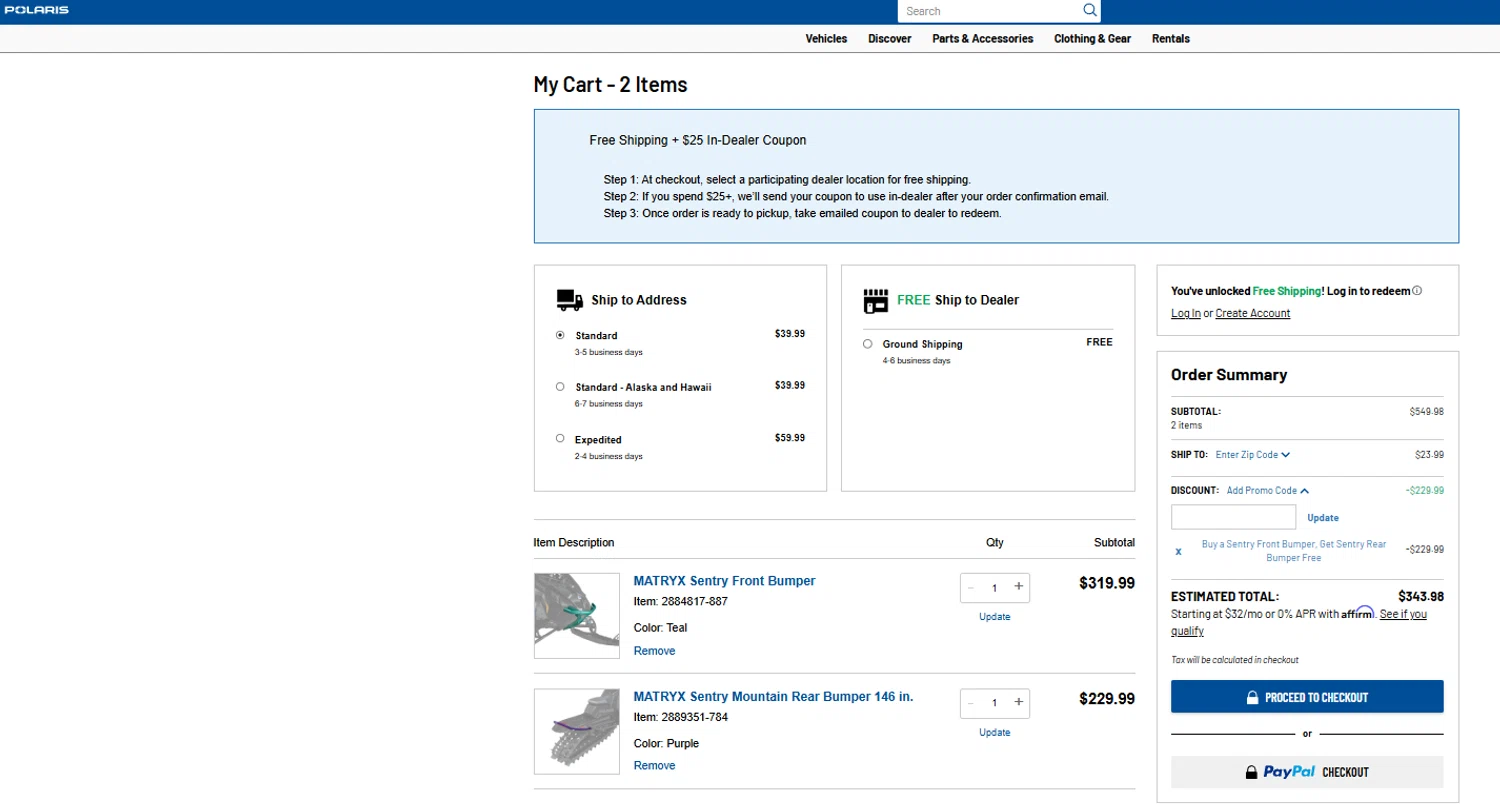Polaris promo code screenshot showing code BOGO applied at Polaris checkout page. Uploaded by SimplyCodes community member jesspea on Dec 1, 2025