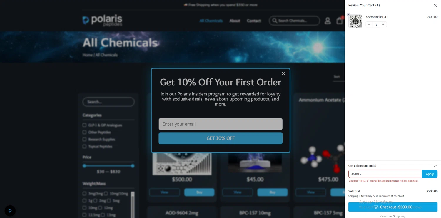 Polaris Peptides coupon code screenshot showing code 500FREEBIE applied at Polaris Peptides checkout page. Uploaded by SimplyCodes community member AlexanderSierraP on Jan 29, 2026