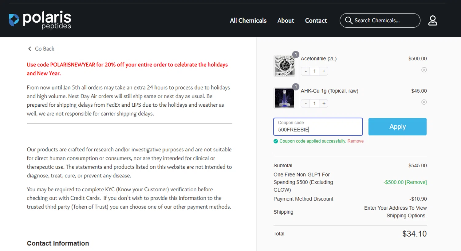 Polaris Peptides coupon code screenshot showing code 500FREEBIE applied at Polaris Peptides checkout page. Uploaded by SimplyCodes community member Lismar on Dec 27, 2025