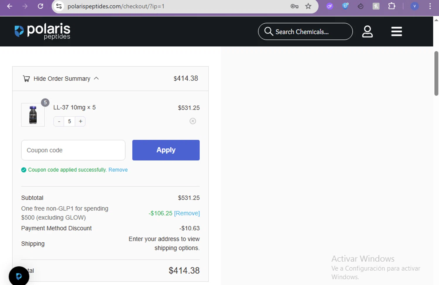 Polaris Peptides coupon code screenshot showing code 500FREEBIE applied at Polaris Peptides checkout page. Uploaded by SimplyCodes community member beatrizcastillo on Dec 17, 2025