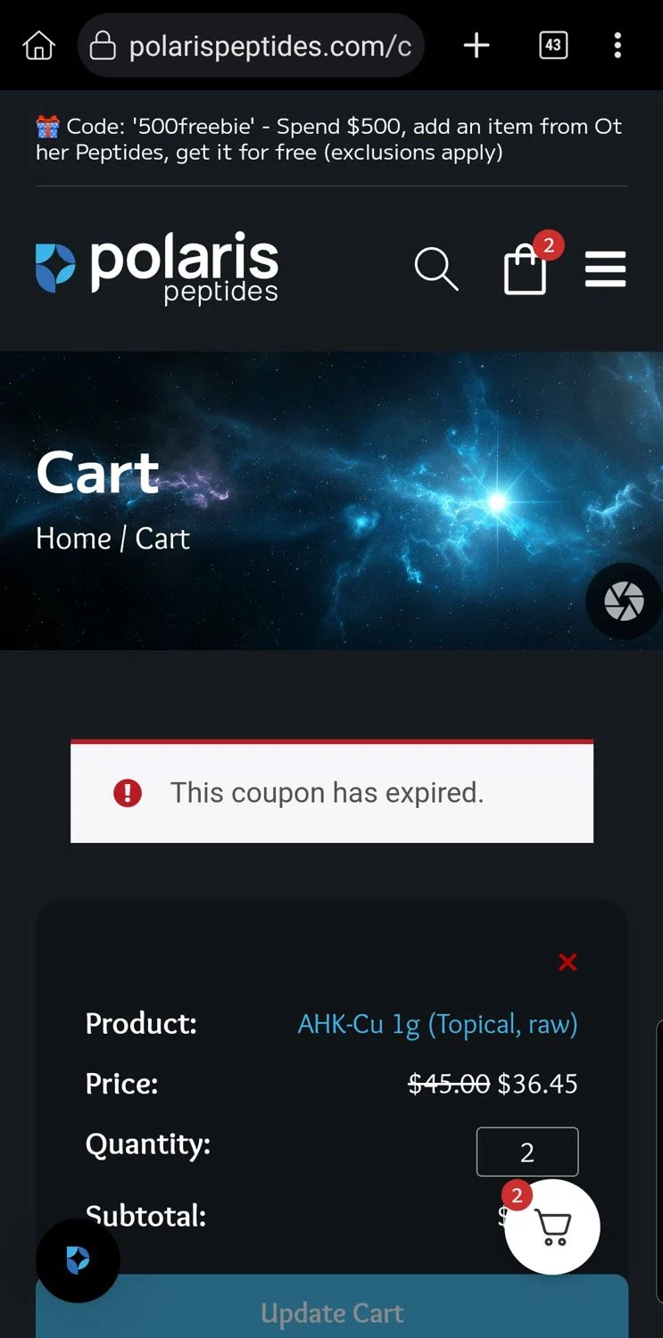 Polaris Peptides coupon code screenshot showing code ANNI25 applied at Polaris Peptides checkout page. Uploaded by SimplyCodes community member Carloslvz on Apr 15, 2025