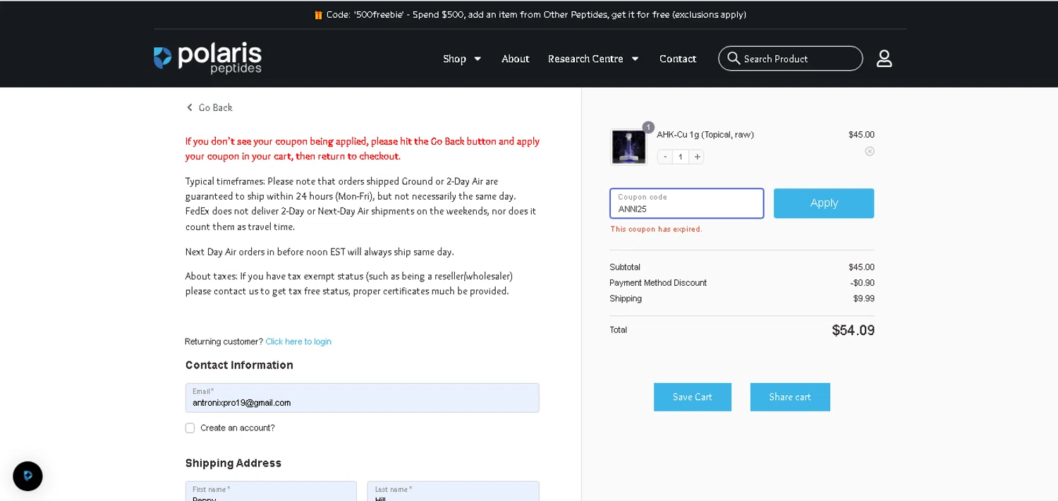 Polaris Peptides coupon code screenshot showing code ANNI25 applied at Polaris Peptides checkout page. Uploaded by SimplyCodes community member MoneyHunter5624 on Apr 15, 2025