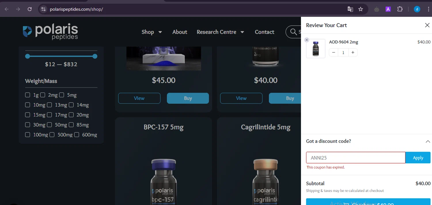 Polaris Peptides coupon code screenshot showing code ANNI25 applied at Polaris Peptides checkout page. Uploaded by SimplyCodes community member GloriousWizard8260 on Apr 15, 2025