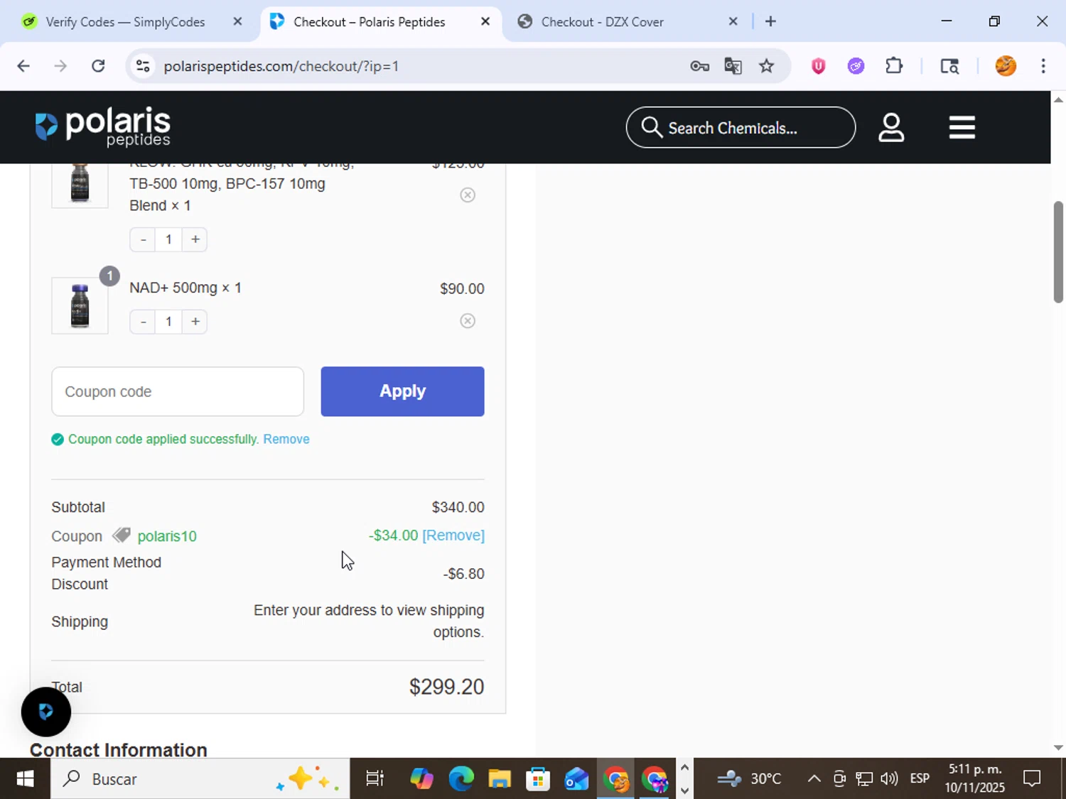 Polaris Peptides coupon code screenshot showing code polaris10 applied at Polaris Peptides checkout page. Uploaded by SimplyCodes community member ingri96 on Nov 10, 2025