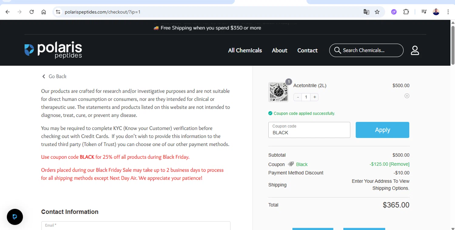 Polaris Peptides coupon code screenshot showing code BLACK applied at Polaris Peptides checkout page. Uploaded by SimplyCodes community member joseg151520 on Nov 29, 2025