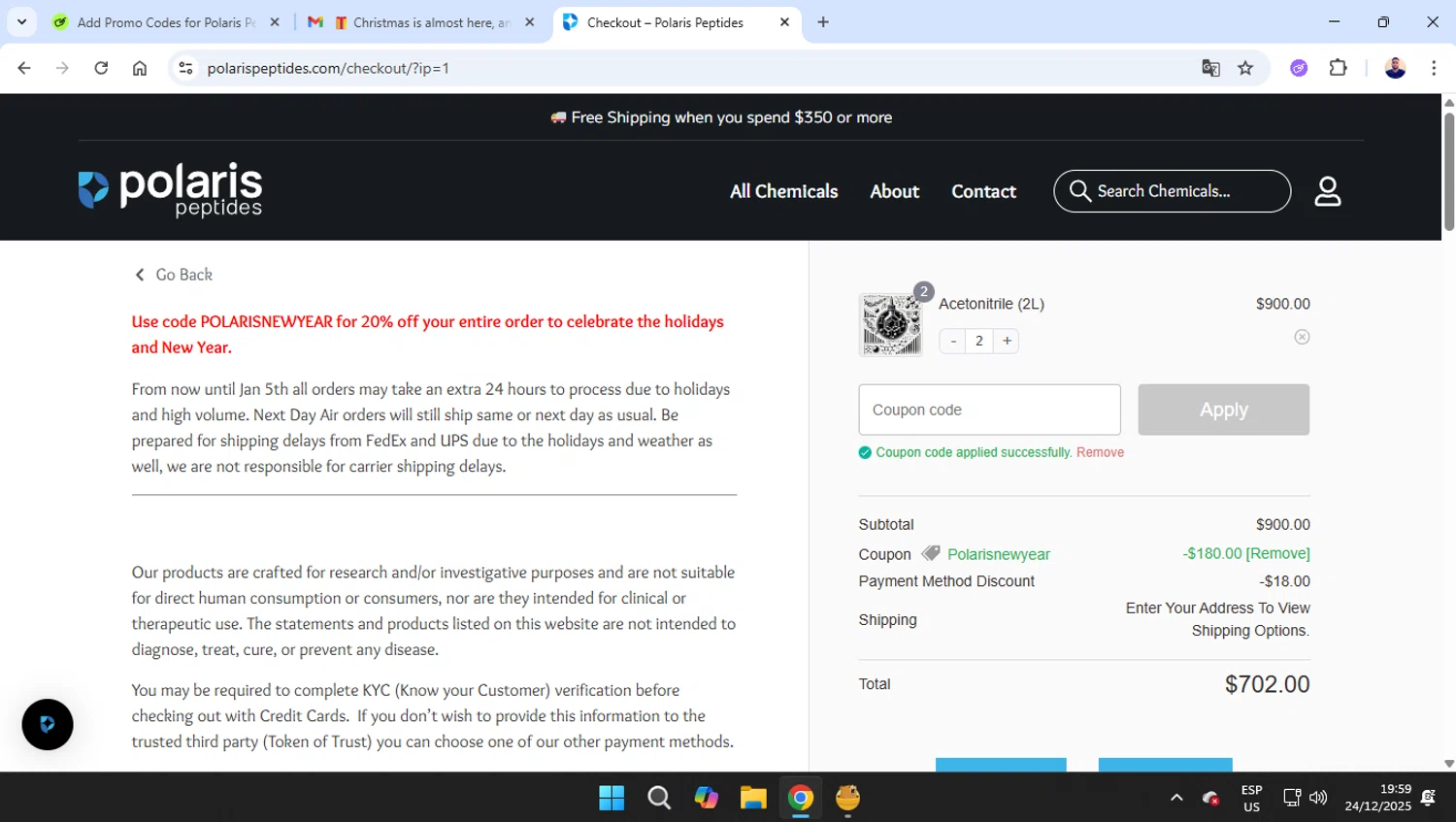 Polaris Peptides coupon code screenshot showing code POLARISNEWYEAR applied at Polaris Peptides checkout page. Uploaded by SimplyCodes community member joseg151520 on Dec 24, 2025