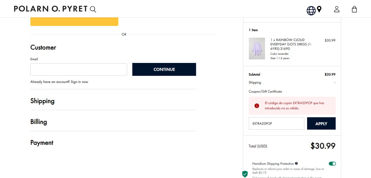 Polarn O. Pyret discount code screenshot showing code EXTRA20POP applied at Polarn O. Pyret checkout page. Uploaded by SimplyCodes community member MoneyHunter5624 on Sep 29, 2025