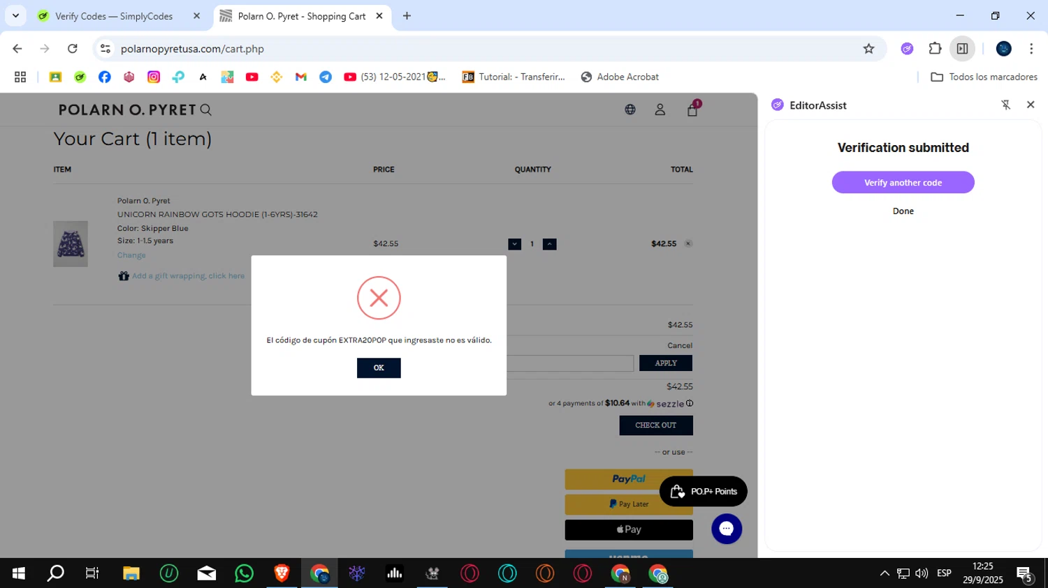 Polarn O. Pyret discount code screenshot showing code EXTRA20POP applied at Polarn O. Pyret checkout page. Uploaded by SimplyCodes community member SunJinWoo on Sep 29, 2025
