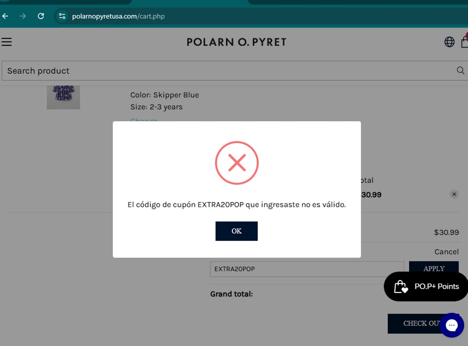 Polarn O. Pyret discount code screenshot showing code EXTRA20POP applied at Polarn O. Pyret checkout page. Uploaded by SimplyCodes community member samuelgomez2 on Sep 29, 2025
