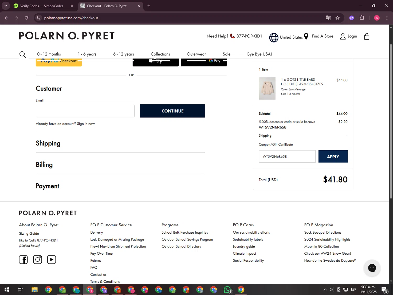 Polarn O. Pyret checkout page showing Polarn O. Pyret discount code box | Screenshot taken by SimplyCodes community member on Nov 19, 2025