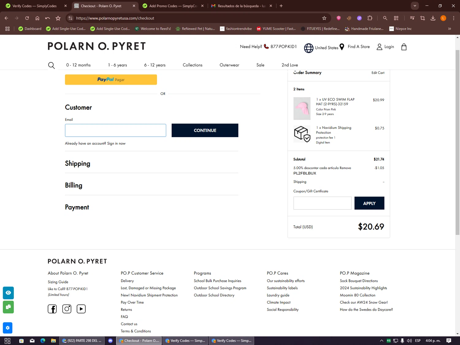 Polarn O. Pyret discount code screenshot showing code PL2FBLBUX applied at Polarn O. Pyret checkout page. Uploaded by SimplyCodes community member Alalee on Oct 13, 2025