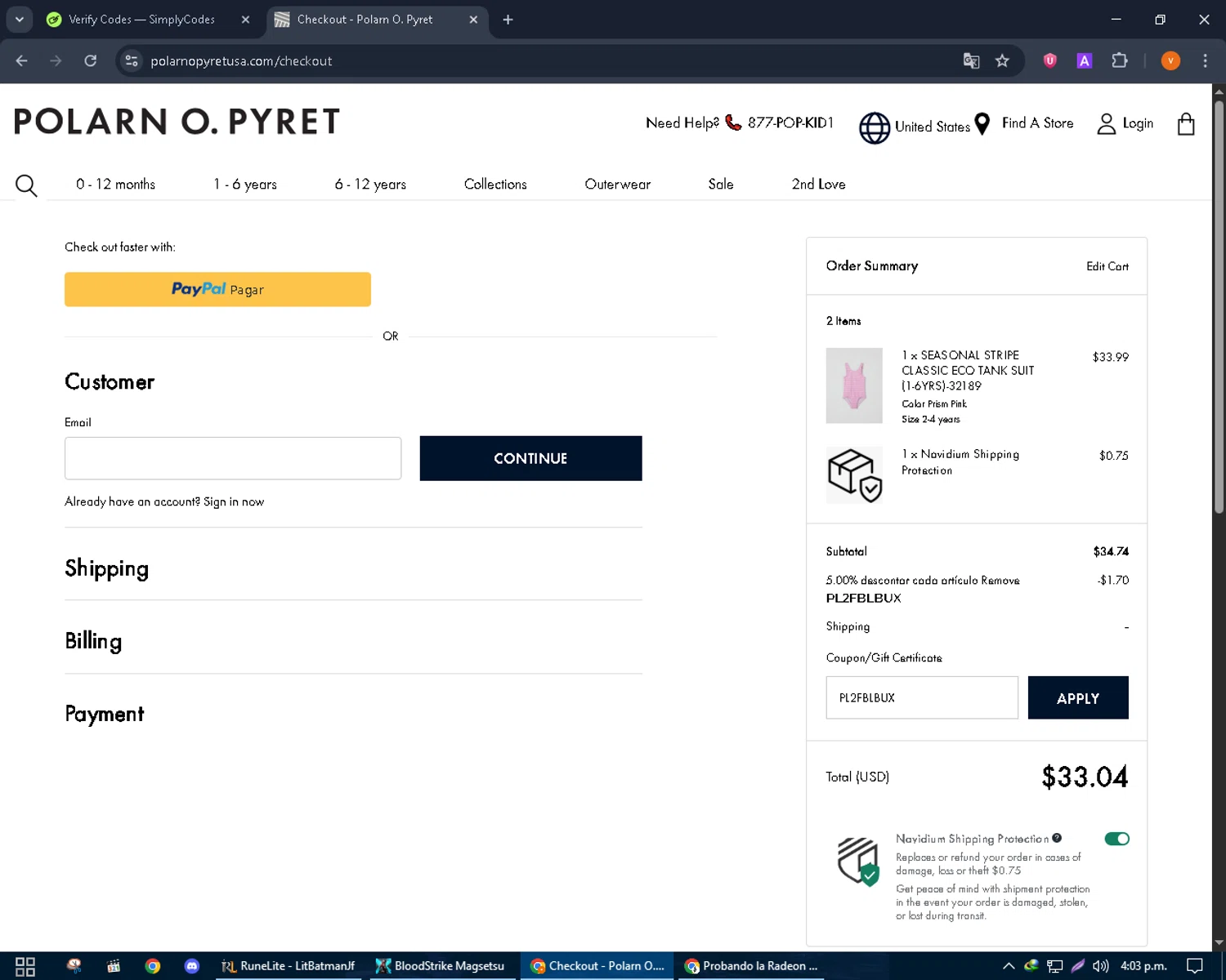 Polarn O. Pyret discount code screenshot showing code PL2FBLBUX applied at Polarn O. Pyret checkout page. Uploaded by SimplyCodes community member bulbasaur69 on Oct 13, 2025