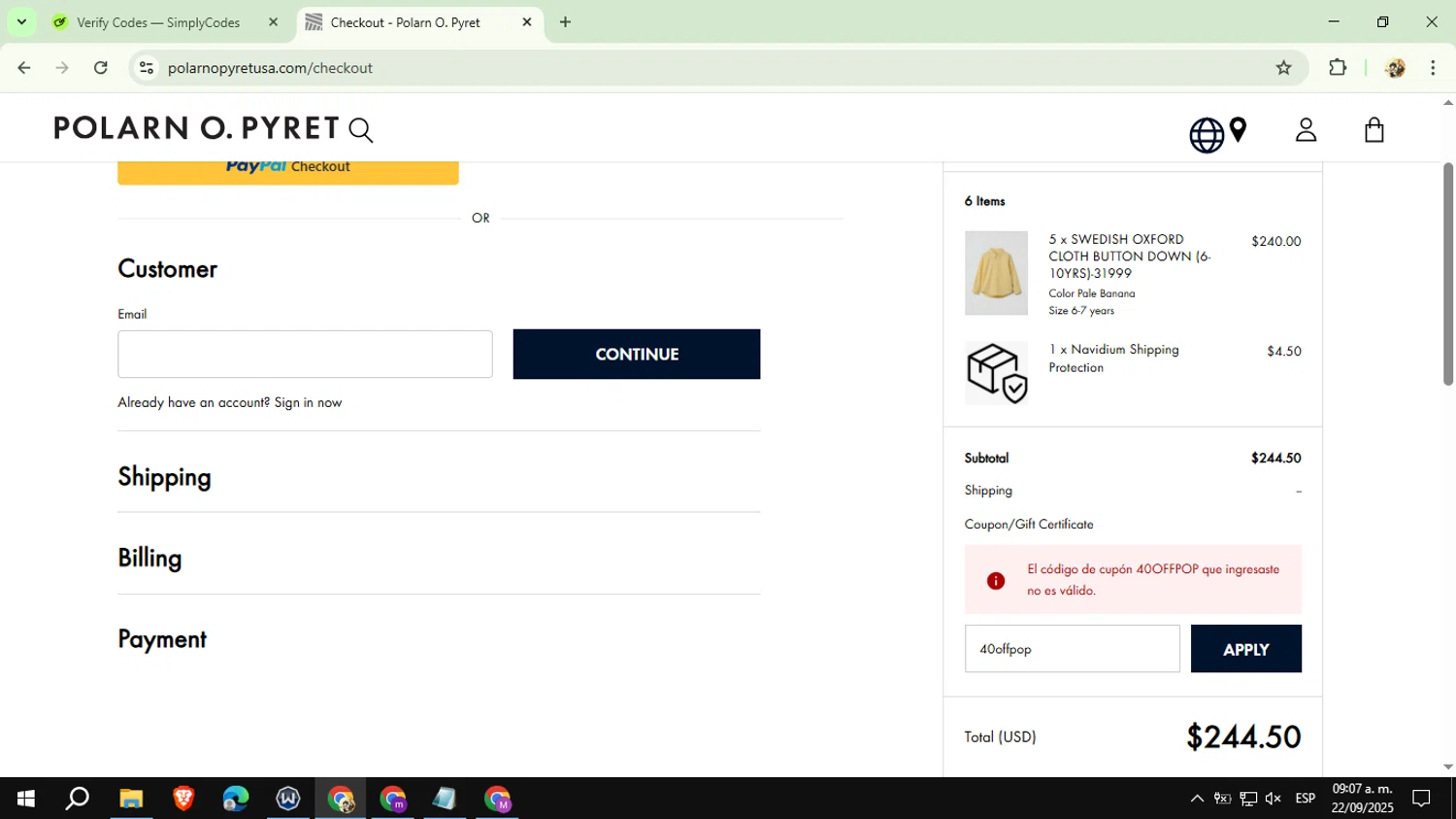 Polarn O. Pyret discount code screenshot showing code 40offpop applied at Polarn O. Pyret checkout page. Uploaded by SimplyCodes community member CashExpert3657 on Sep 22, 2025