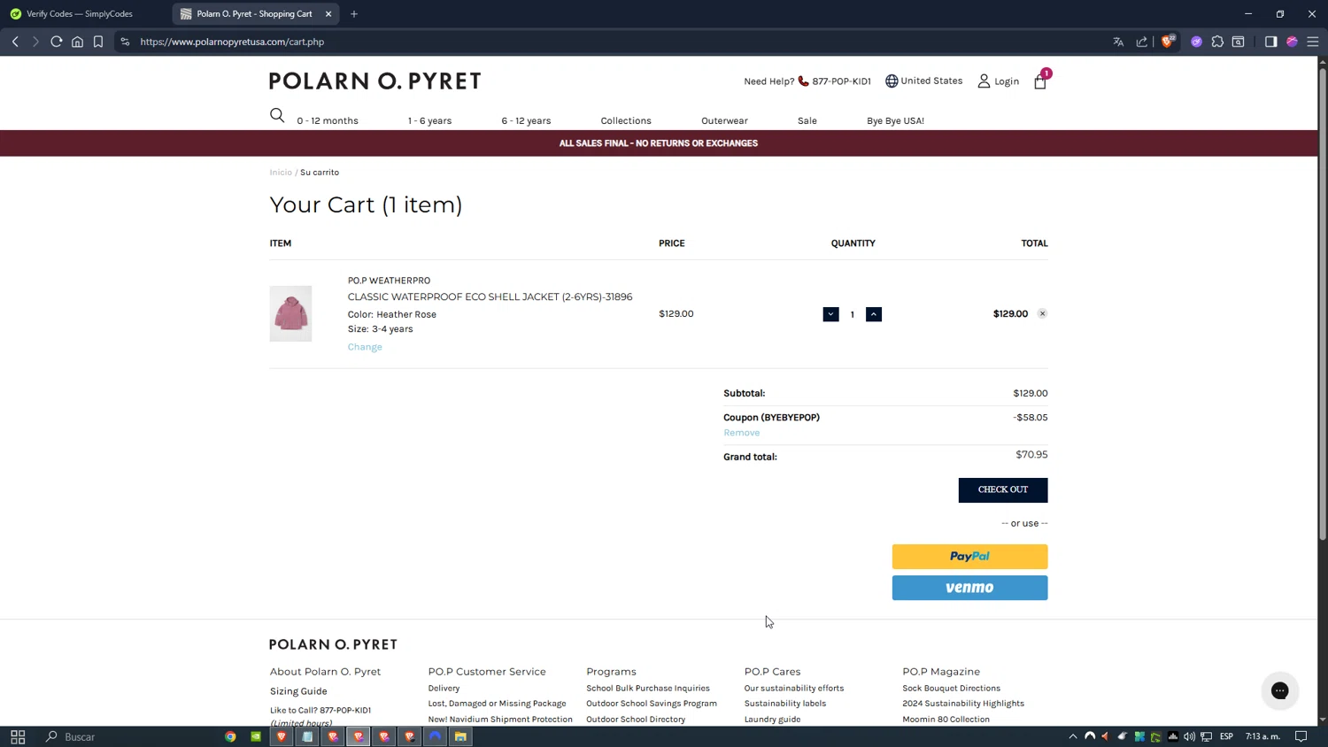 Polarn O. Pyret checkout page showing Polarn O. Pyret discount code box | Screenshot taken by SimplyCodes community member on Dec 26, 2025