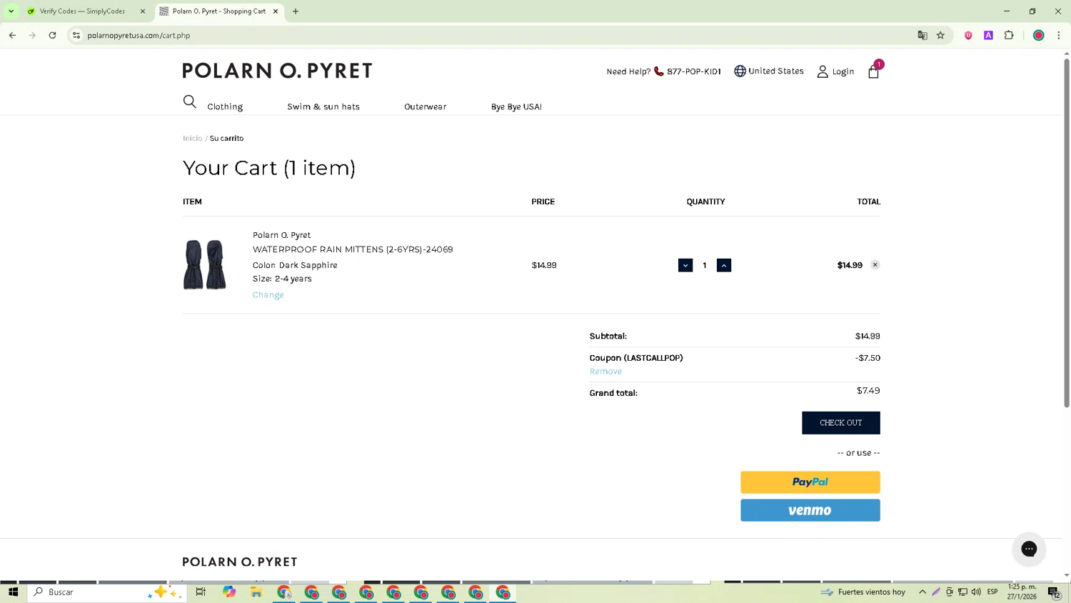 Polarn O. Pyret checkout page showing Polarn O. Pyret discount code box | Screenshot taken by SimplyCodes community member on Jan 27, 2026