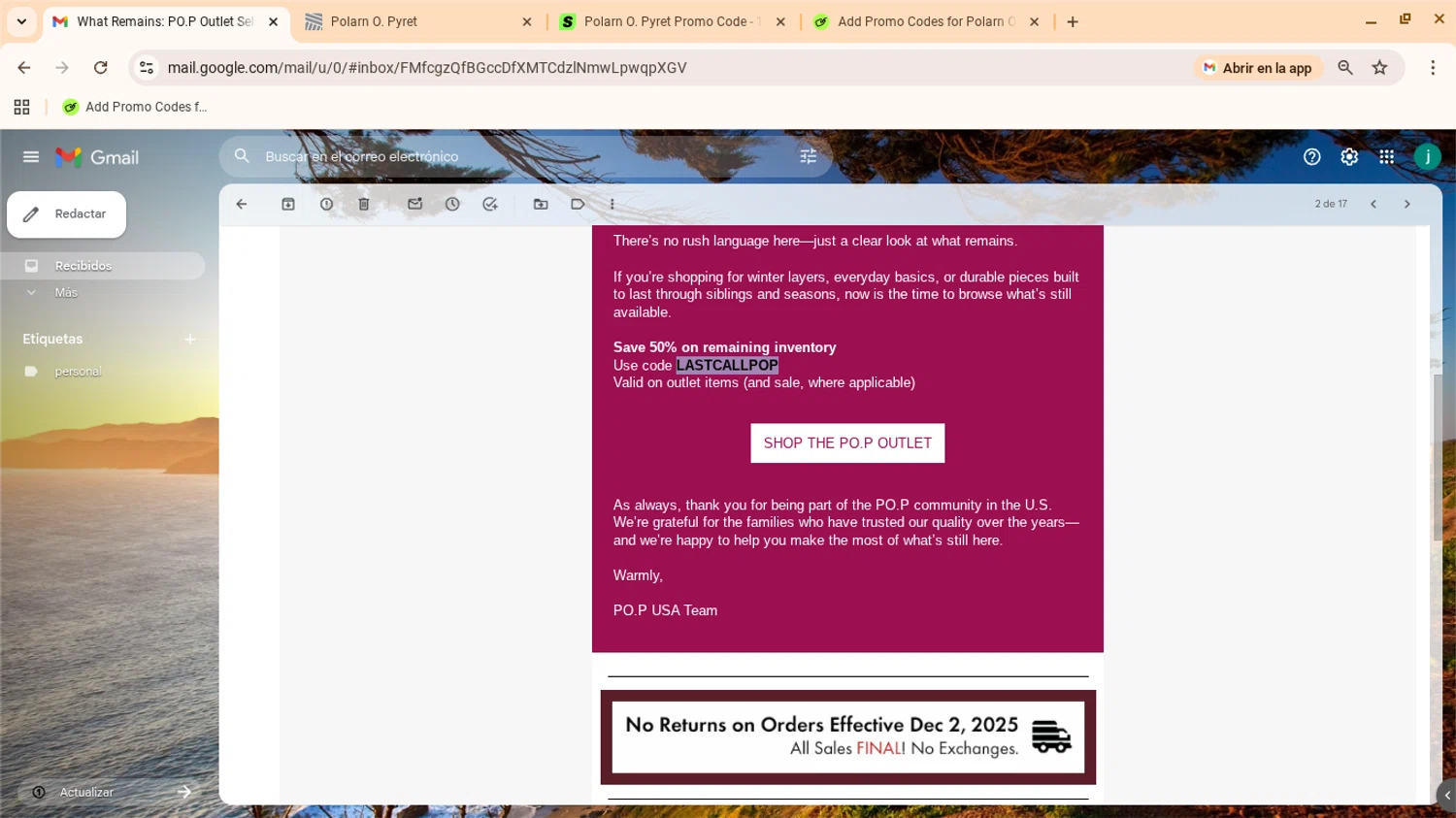 Polarn O. Pyret discount code screenshot showing code LASTCALLPOP applied at Polarn O. Pyret checkout page. Uploaded by SimplyCodes community member yennifergonzalez on Jan 5, 2026