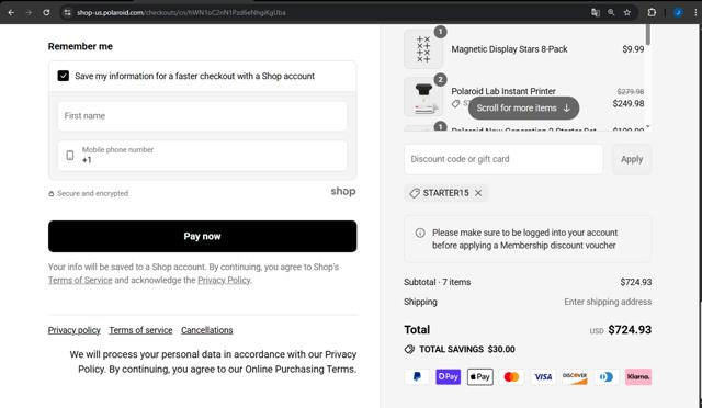 Polaroid checkout page showing Polaroid discount code box | Screenshot taken by SimplyCodes community member on Aug 15, 2025