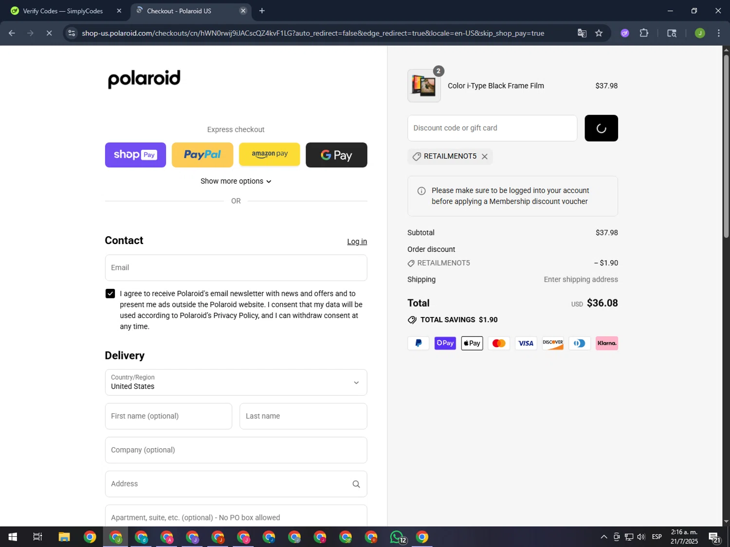 Polaroid discount code screenshot showing code RETAILMENOT5 applied at Polaroid checkout page. Uploaded by SimplyCodes community member MightyFinder1041 on Jul 21, 2025