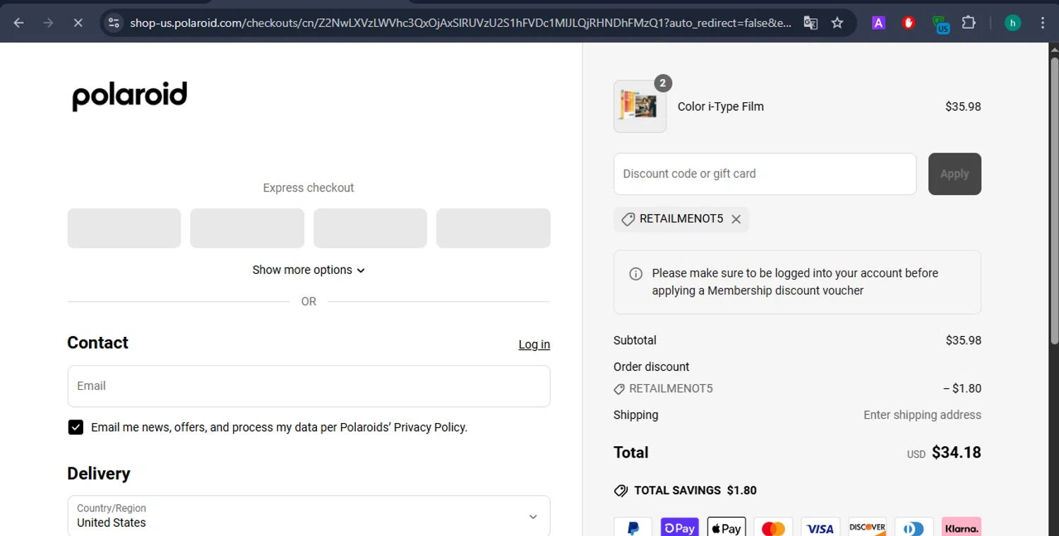 Polaroid discount code screenshot showing code RETAILMENOT5 applied at Polaroid checkout page. Uploaded by SimplyCodes community member VictoriousGuardian220 on May 9, 2025