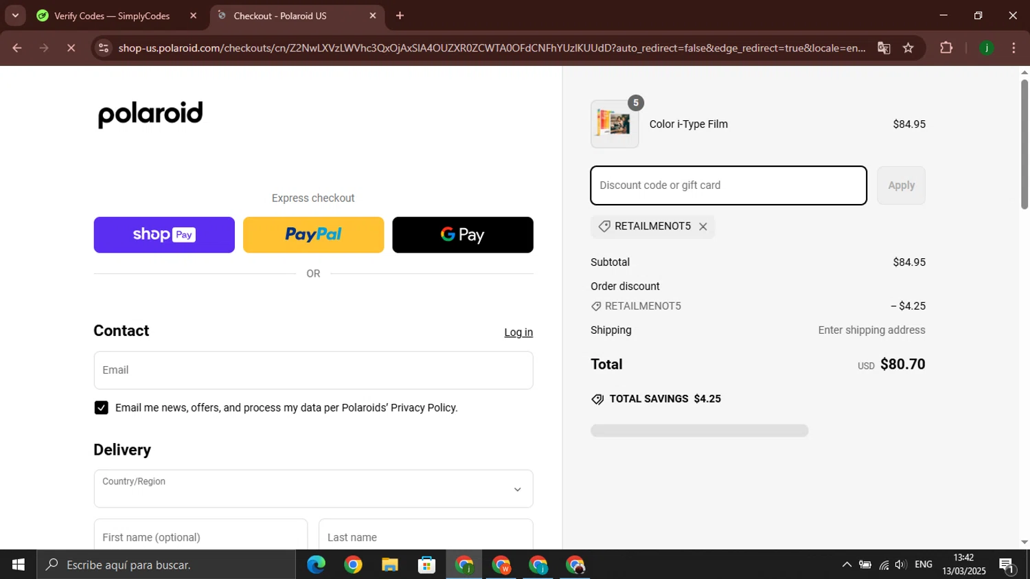 Polaroid discount code screenshot showing code RETAILMENOT5 applied at Polaroid checkout page. Uploaded by SimplyCodes community member jorgeroz on Mar 13, 2025