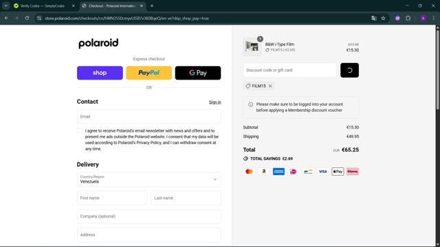 Polaroid checkout page showing Polaroid discount code box | Screenshot taken by SimplyCodes community member on Sep 17, 2025