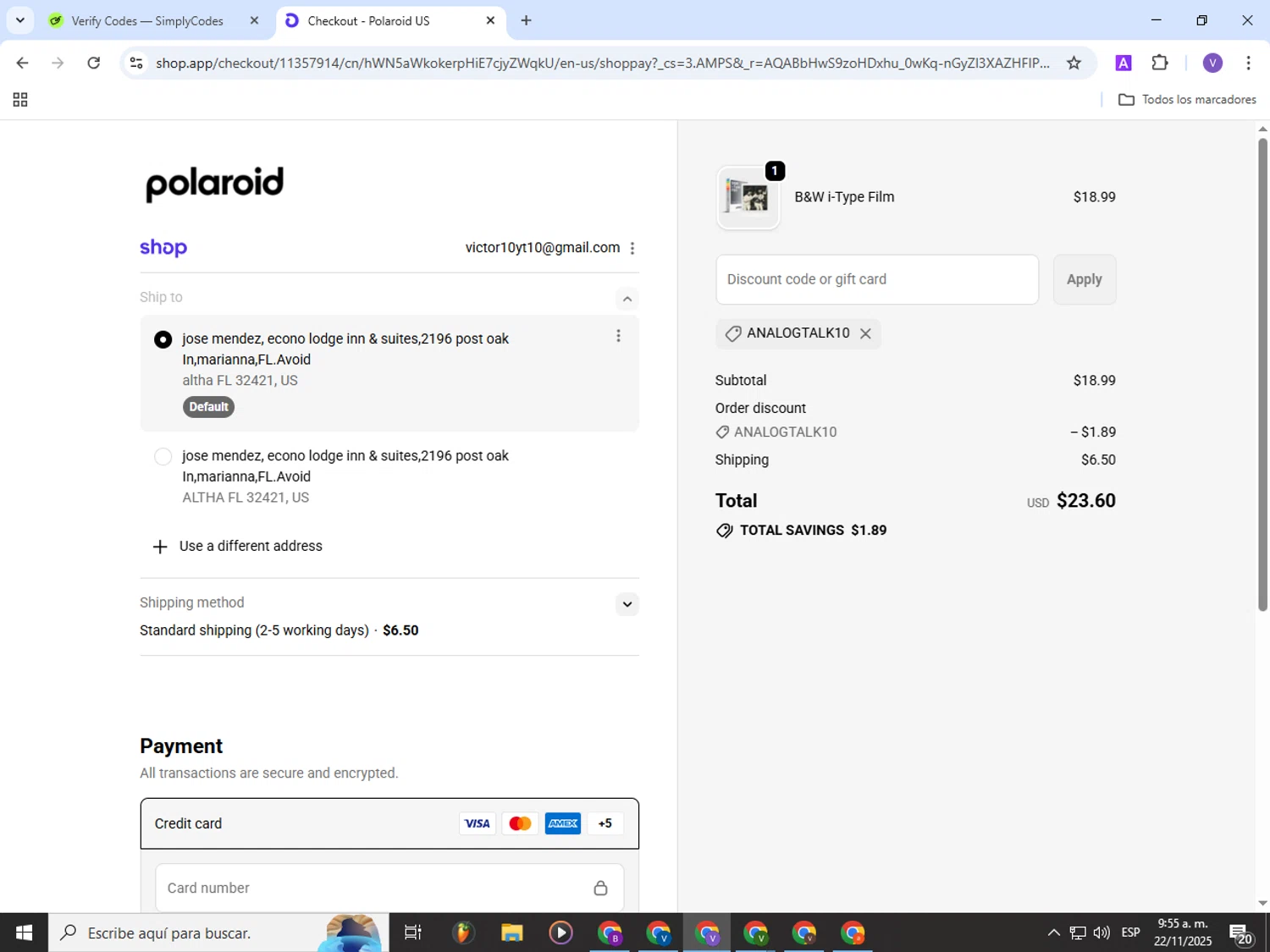 Polaroid checkout page showing Polaroid discount code box | Screenshot taken by SimplyCodes community member on Nov 22, 2025