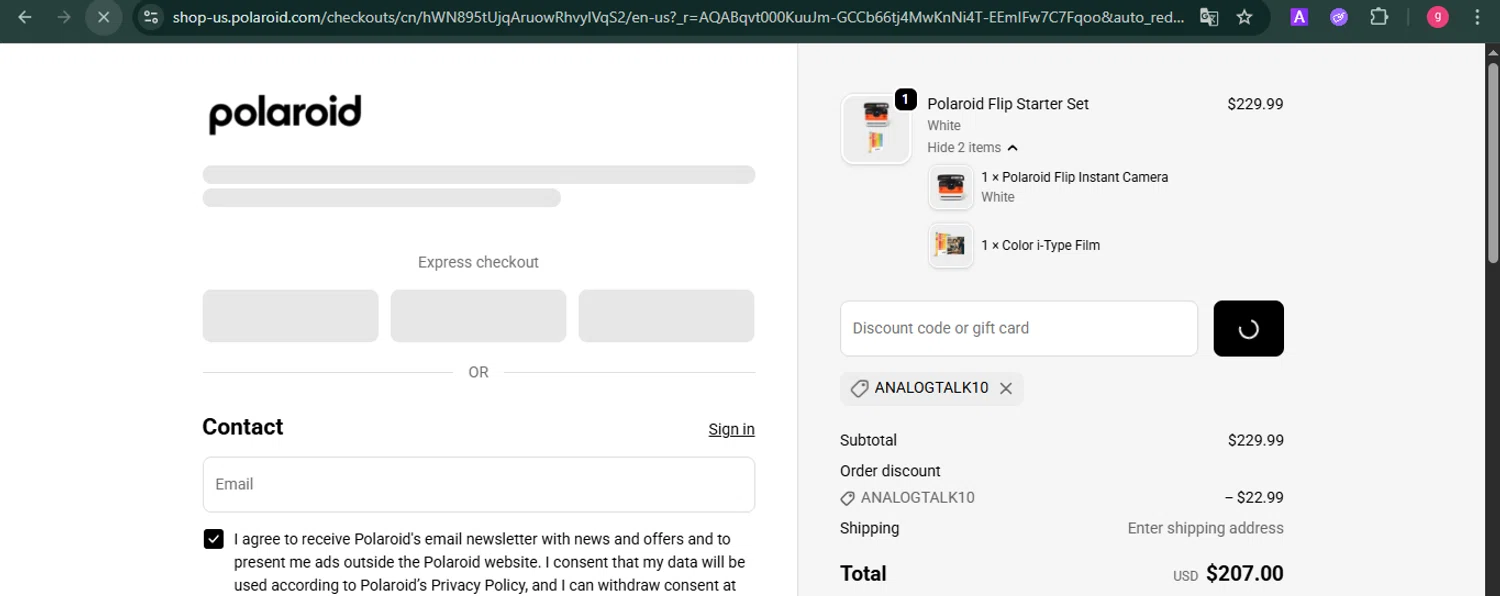 Polaroid checkout page showing Polaroid discount code box | Screenshot taken by SimplyCodes community member on Jan 28, 2026