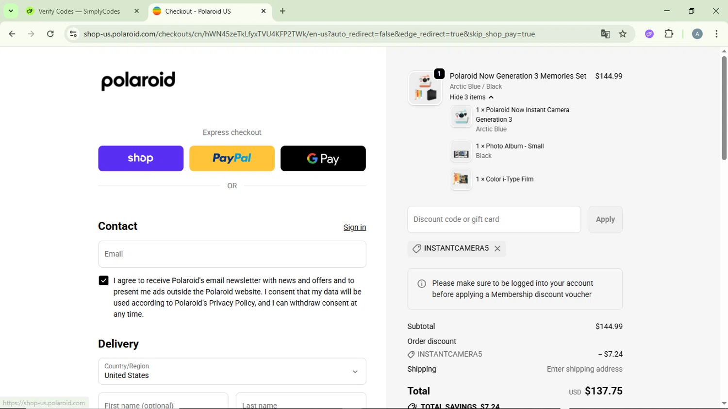 Polaroid discount code screenshot showing code INSTANTCAMERA5 applied at Polaroid checkout page. Uploaded by SimplyCodes community member DiscountVirtuoso6243 on Oct 14, 2025