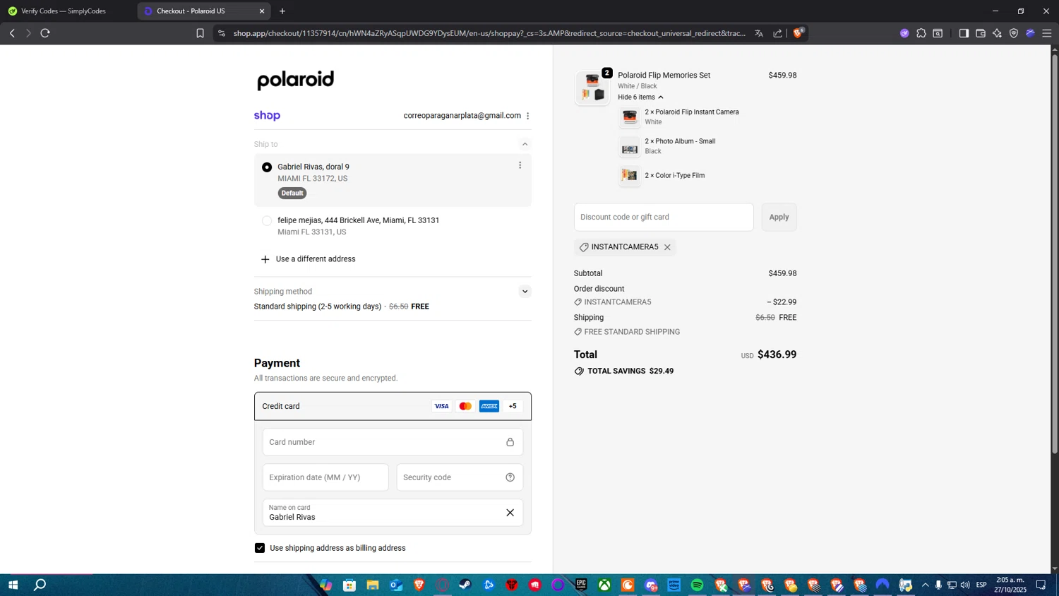 Polaroid discount code screenshot showing code INSTANTCAMERA5 applied at Polaroid checkout page. Uploaded by SimplyCodes community member Nekiro on Oct 27, 2025
