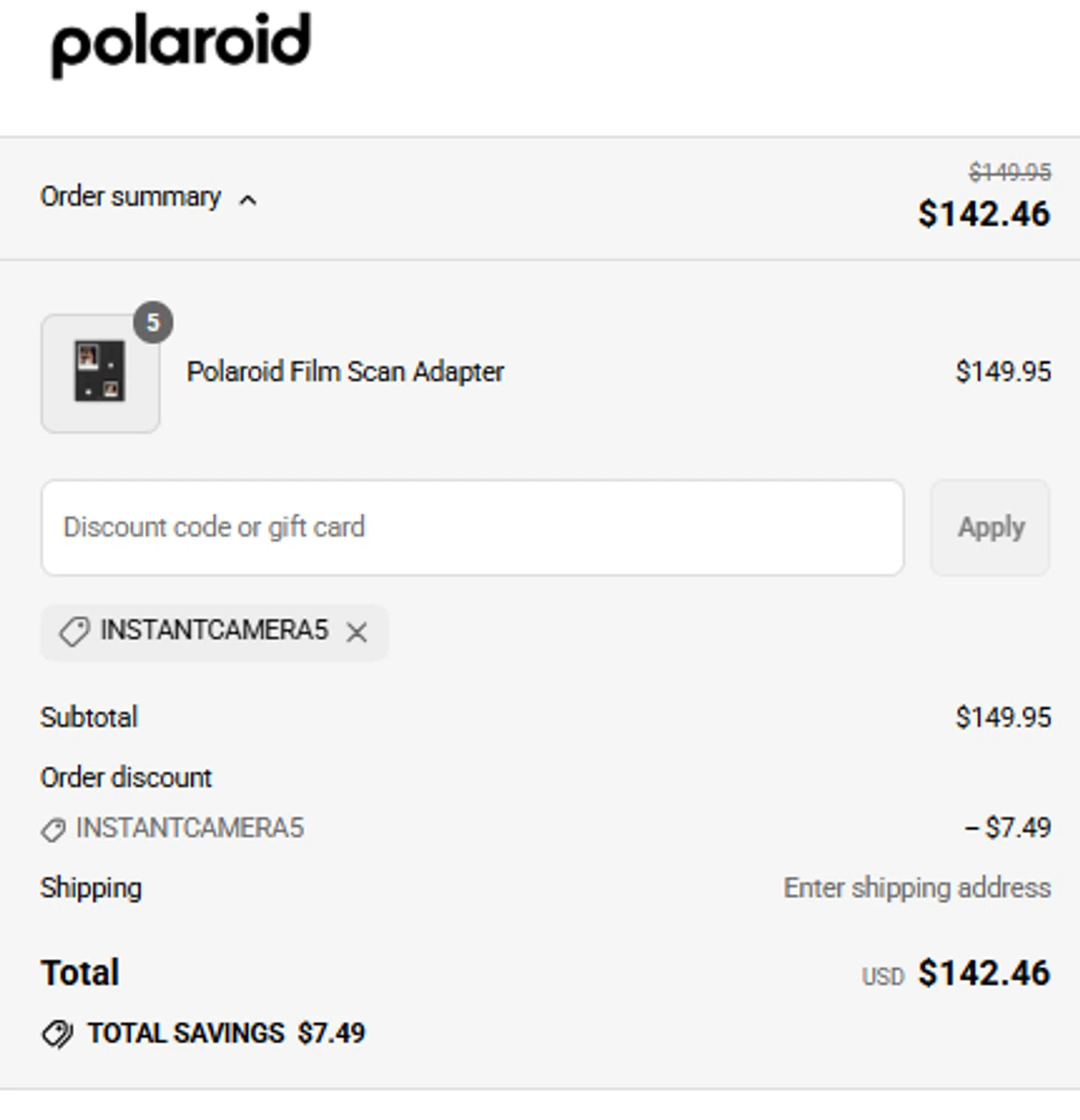 Polaroid discount code screenshot showing code INSTANTCAMERA5 applied at Polaroid checkout page. Uploaded by SimplyCodes community member eugeroma on Aug 2, 2025